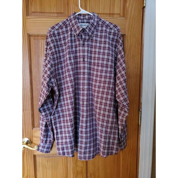 Eddie‎ Bauer Mens Shirt Sz L Red White Plaid Button Front Long Sleeve - Picture 1 of 3